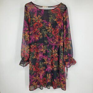 Dex Black Floral Print‎ Sheer Balloon Tie Sleeve Whimsy Chiffon Dress Size XL